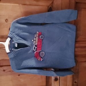 Gymboree Boys Sweater. Size 7 Steel Blue color with Embroidered Firetruck